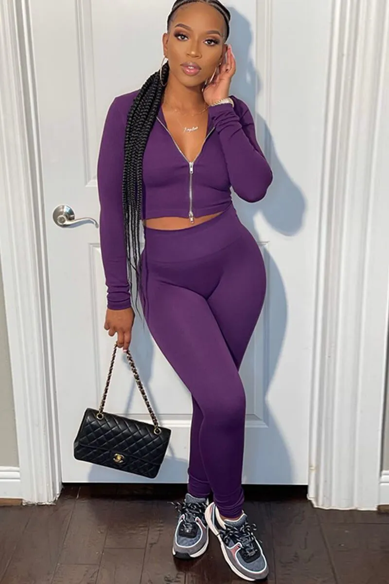 Solid Color Zipper Front Skinny Two Piece Tracksuit