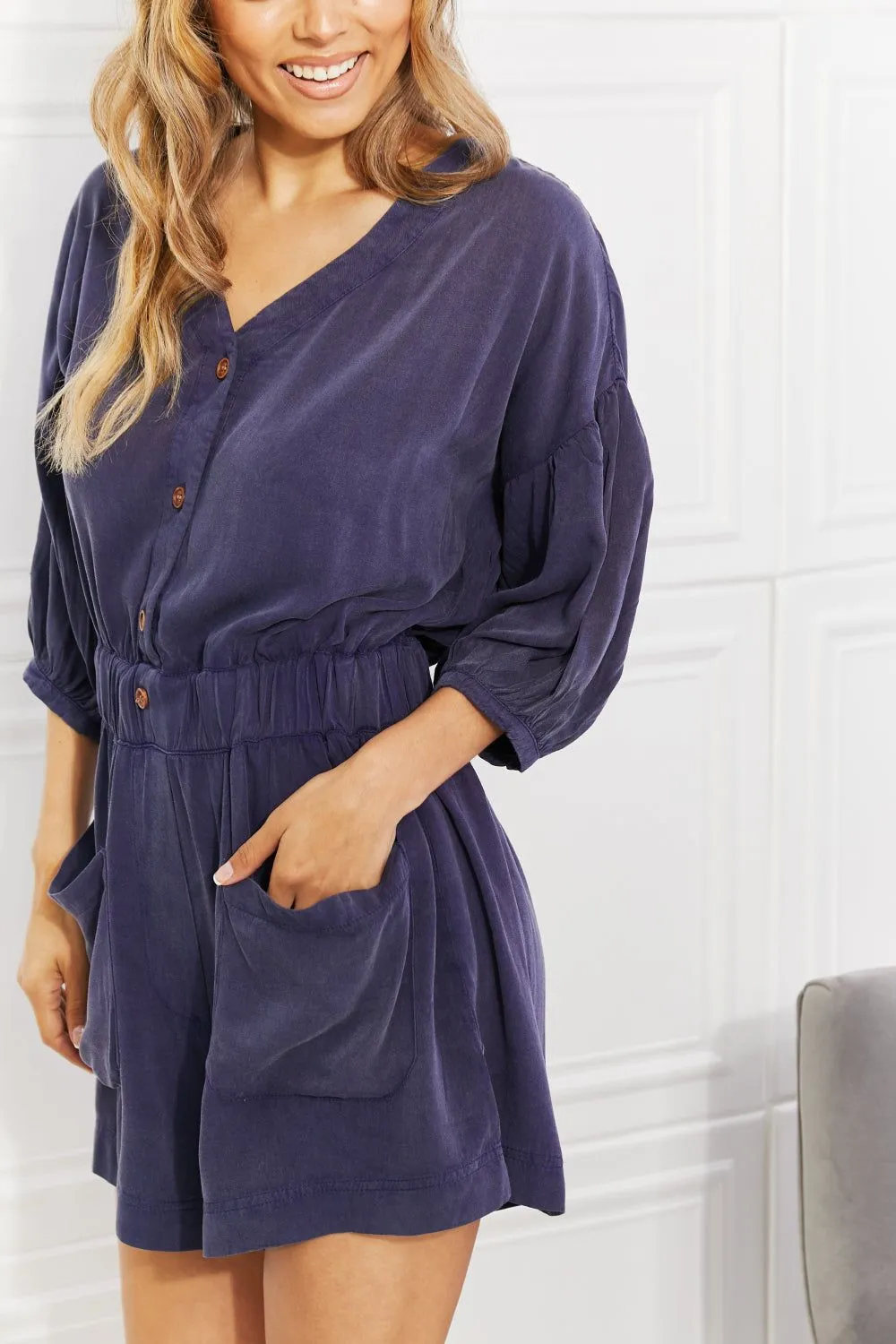 Three-Quarter Sleeve Romper in Blueberry