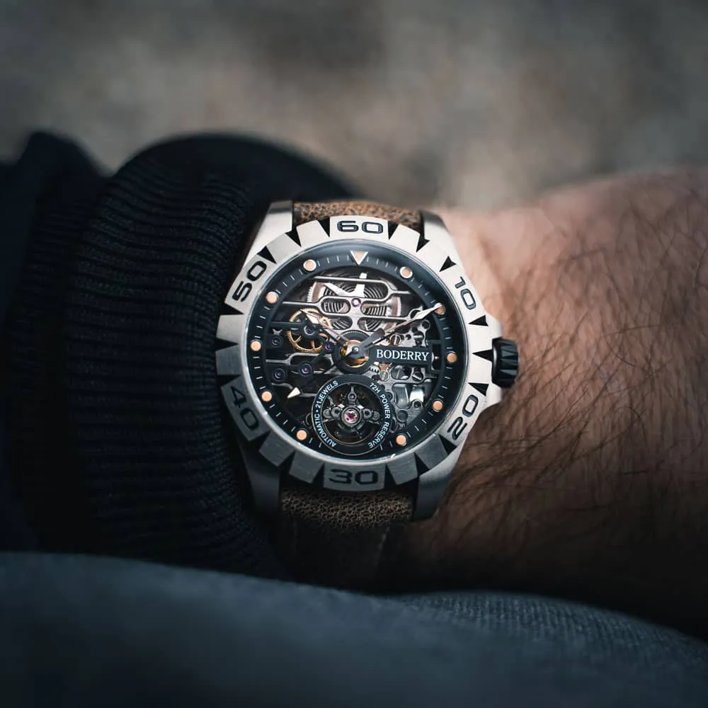 URBAN SKELETON(TITANIUM) Ver 2.0-Silver Hands - 3-Hand Hi-beat(28,800 bph) with 72 hrs Power-reserve Automatic Watch | Black Dial