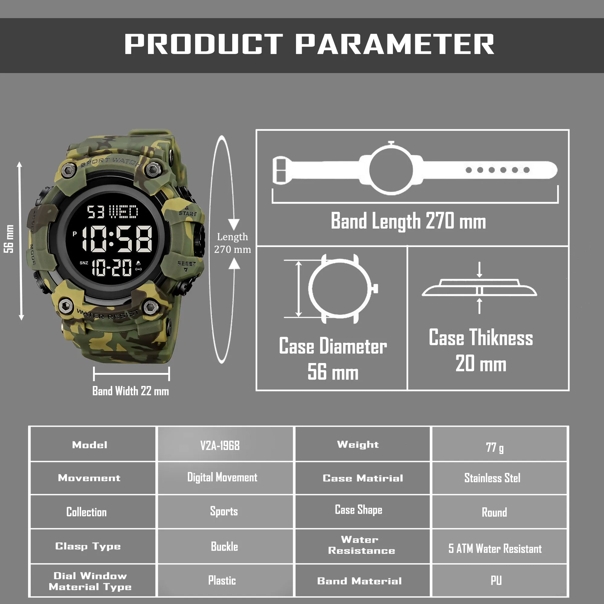 V2A Men Big and Bold Digital Sports Watch with Dual Time Stopwatch Countown Timer 5 ATM Waterproof Digital Sports Watch for Men