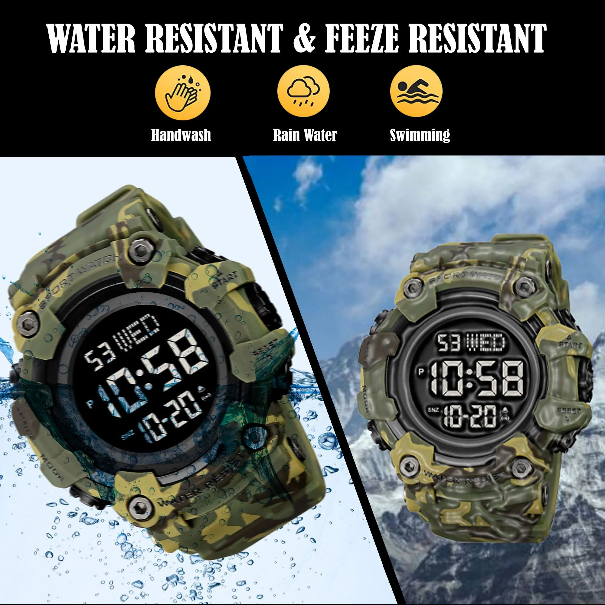 V2A Men Big and Bold Digital Sports Watch with Dual Time Stopwatch Countown Timer 5 ATM Waterproof Digital Sports Watch for Men