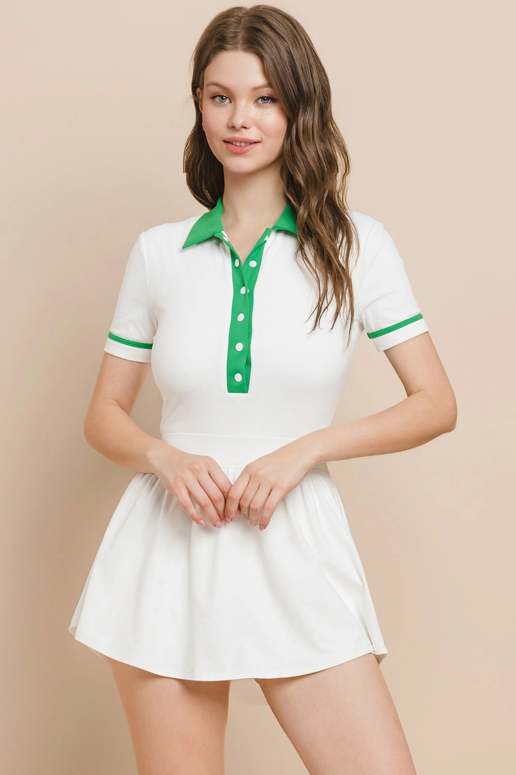 WHITE AND GREEN BUTTON UP TENNIS DRESS